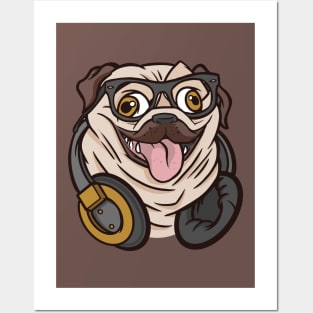 Hipster Pug with Headphones and Glasses Posters and Art